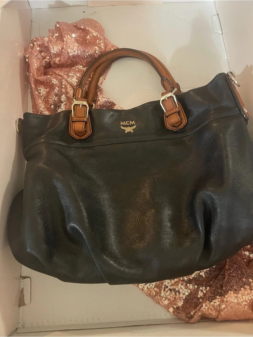Vintage- MCM Black Leather Tote with Brown Trim and Gold Hardware